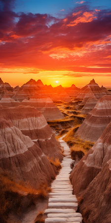 a mesmerizing landscape photograph showcasing a path leading into the desert of badlands national park. the image features layered and atmospheric landscapes in a captivating blend of light orange and light crimson hues. with its lively coastal landscapes and psychedelic elements, this photograph truly captures the essence of nature's beauty. ai generatedの素材