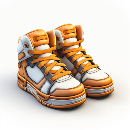 a pair of orange high top sneakers, inspired by 2d game art, are placed on a white surface. the sneakers feature a vibrant color palette and a cartoonish character design. with elements of high dynamic range, the light creates a striking contrast between the white background and the bronze accents. this unique footwear design combines elements of biblical themes and cad computer-aided design. found onの素材