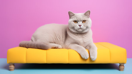 a british shorthair cat joyfully plays in a candy-colored bed, featuring a light upholstered plywood frame. the bed, set in a cozy home environment, has a low height and a pristine white background. this high-detail, 4k, and high-definition image captures the delightful feline in its playful element. ai generatedの素材