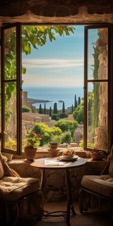 a wood table sits in front of a window, showcasing a picturesque view reminiscent of mediterranean landscapes and the french countryside. the scene captures the majestic and sweeping seascapes, creating a charming ambiance. this associated press photo beautifully combines elements of organic stone carvings and documentary travel photography. ai generatedの素材