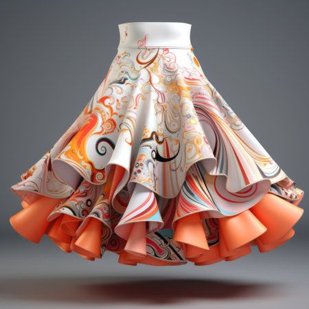 a 3d model of a white floral skirt, designed with colorful layered forms in light orange and orange shades. the skirt features intricate spirals and ceramic-inspired patterns, creating eye-catching compositions. the flowing fabrics and arabesque scrolls add a touch of elegance to this vibrant and colorful design. ai generatedの素材