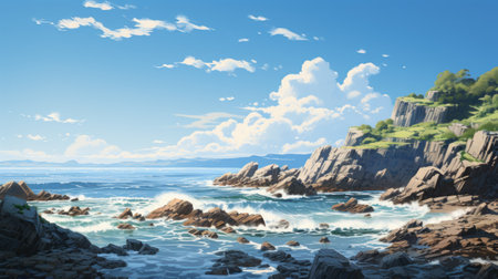 rocky coastline with a masamune shirow-inspired touch, featuring realistic landscapes and vibrant blue skies reminiscent of maximilian pirner's traditional landscapes. this high-resolution image captures the beauty of nature, merging the artistic styles of both shirow and pirner. sana takeda's influence can also be seen in the attention to detail and the overall realistic portrayal of the scene. ai generatedの素材