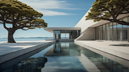 contemporary building with trees in water, isolated on white background. daz3d-style architecture showcases danish design and minimalist textiles. captured with hasselblad h6d-400c, the light-filled seascapes and organic stone carvings create a serene atmosphere. the poolcore adds a touch of modernity to this visually stunning composition. ai generatedの素材