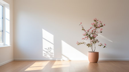a minimalist white room featuring a small window and a delicate pink flower. this stunning image showcases the artistry of ray tracing, with a golden light casting a warm glow. inspired by japanese photography, the use of earth tones adds a serene ambiance. captured with the sony fe 24-70mm f/2.8 gm lens, the hyperrealistic rendering creates a smooth and shiny aesthetic. ai generatedの素材