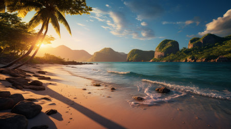 white sand beach at sunset on a beautiful tropical island resort in st. kitts. the photo captures the mesmerizing colors of the sky and the tranquil atmosphere. rendered in unreal engine, vray tracing, and terragen, this image showcases the stunning beauty of the location. influenced by the hudson river school and mesoamerican art, this associated press photo is a true visual delight. ai generatedの素材