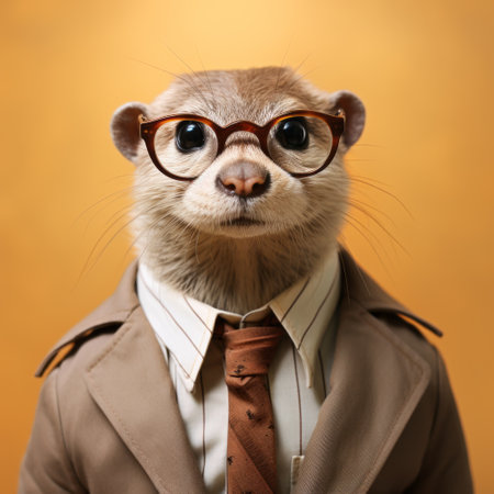 a stuffed ferret, dressed in a suit and tie, poses for a contemporary realist portrait photograph. the beige and amber tones, along with bold saturation, enhance the innovative style of this studio portrait. with symmetrical composition and the use of innovating techniques, this image captures the essence of an academia writer and innovator. ai generatedの素材