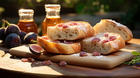 a piece of bread sits on a wooden surface, accompanied by a wooden board, a bottle of olive oil, and a spoon. the image is captured in a dark pink and light amber color scheme, with a bokeh panorama effect. the photo showcases vray tracing, furaffinity, vfxfriday, cranberrycore, and a mediterranean-inspired aesthetic. ai generatedの素材