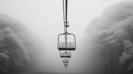 winter's mist blankets the ski resort of dwense, creating a surreal and minimalist scene. captured with a nikon d750, this inverted black and white photograph showcases the suspended and hanging elements, colorized to enhance the transportcore aesthetic. the sheer beauty of this image is truly breathtaking. ai generatedの素材