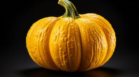 a vibrant yellow pumpkin with a thick textured style is captured in this photo. the pumpkin stands out against a black background, creating a visually striking contrast. the use of the tokina at-x 11-16mm f/2.8 pro dx ii lens enhances the strong lines and emphasizes the functionality of the subject. this artwork draws inspiration from the textured works of jeff koons. ai generatedの素材