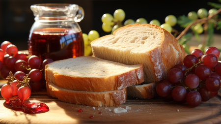 sliced pieces of bread and grapes are artfully arranged on a board, creating a captivating composition. this backlit photograph showcases clear edge definition, emphasizing substance over style. the cabincore aesthetic is evident, with a combination of white and amber tones. shot on ferrania p30 film, this captivating image has the timeless quality of an associated press photo. ai generatedの素材
