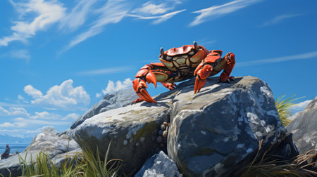 a red creature perched on rocks, showcasing photorealistic rendering. the vibrant blue skies add a touch of realism to the scene, while the hyperrealistic marine life enhances the overall visual appeal. the artwork resembles 2d game art, reminiscent of george caleb bingham's style. interestingly, the creature appears to be made up of intricate insect details, beautifully captured through vray tracing. ai generatedの素材