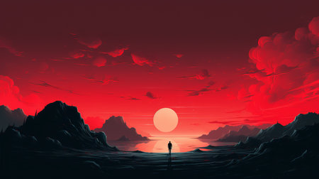 a stunning landscape art hd photography capturing a mesmerizing mountain landscape with a vibrant red sky. this artwork is created in the style of graphic novel inspired illustrations, showcasing elements of neo-geo minimalism. the detailed character design and pensive stillness add depth to the composition, while the detailed marine views and pulpy sci-fi elements create a captivating visual experience. shot on fujifilm eterna vivid 500tの素材