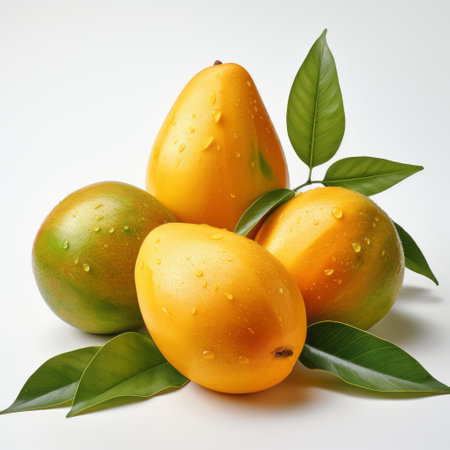 large mangoes with leaves are showcased on a white background, resembling water droplets. this photo, created by mike campau, features graceful forms and smooth lines, using photo-realistic techniques to capture the realistic yellow hues of the mangoes. ai generatedの素材