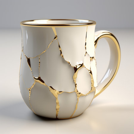 a broken coffee cup is depicted in this 3d scan, available for download as a polygon mesh. the design showcases a unique blend of gold leaf and gilding, combining elements of painting and ceramics. with its cracked appearance, this artwork by stephen shortridge features clean and simple white and beige tones. ai generatedの素材
