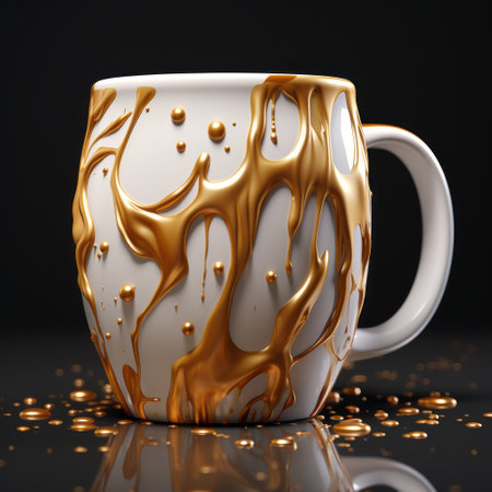 a coffee cup with frosting, gold accents, and drips, showcasing the artistic style of zbrush. this metallic-finished cup exudes chaotic energy and is reminiscent of monochromatic masterpieces. its smooth and polished appearance, combined with loose paint application, creates an algeapunk aesthetic. ai generatedの素材