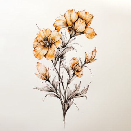 a pencil drawing of orange flowers on paper, featuring a tattoo-inspired style. the artwork showcases a combination of light gold and black tones, resembling realistic watercolors. the drawing also incorporates elements of screen printing, graceful sculptures, detailed character illustrations, and a line drawing style. ai generatedの素材