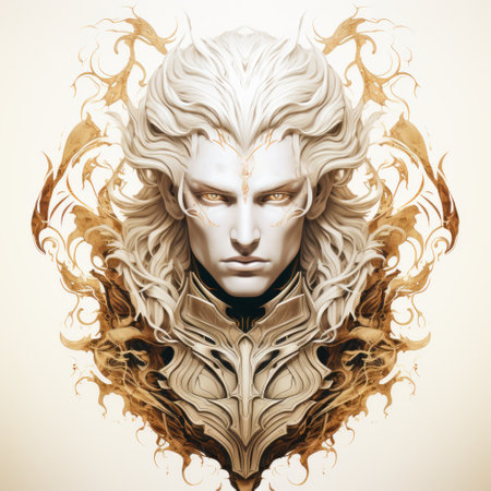 a man dressed in white stands behind the word "warfare" in this artgerm-inspired photo. the image features a combination of light gold and light amber tones, creating a baroque-punk aesthetic. the man's serene face contrasts with the sculptural engraving and linear illustrations, which have been digitally enhanced. ai generatedの素材