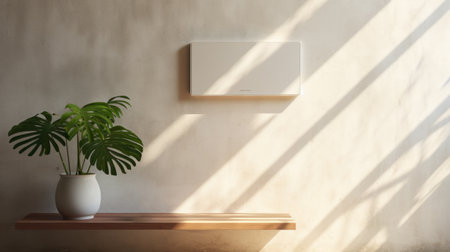 exhaust fan made of sustainable wooden limestone, presented in morning sunlight on a white tile wall. the photo showcases a clean and minimal design with copy space. the delicate beauty of the fan is enhanced by the front view and the contrast of the shot. this ultra-detailed and ultra-realistic image was captured with a hasselblad x1 d camera using an 85mm lens at f/11, inの素材
