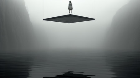 a citizen standing on a slender platform, suspended high above the ground, surrounded by a surreal, minimalist environment devoid of any other elements. utilizing a minimal color palette, featuring shades of gray and a single striking accent color, emphasizing the stark contrast between the figure and the surrounding space. the image evokes isolation, contemplation, and exploration of existence within a vast and empty universe. aiの素材