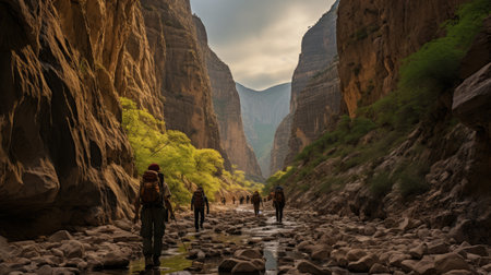 a photo of a person walking in a canyon in zion national park, featuring the vibrant colors and intricate patterns reminiscent of guatemalan art. the post-apocalyptic backdrops create a unique and captivating landscape, resembling scenes from national geographic photos. the firecore and busy landscapes merge to form a stunning post-apocalyptic scenery. ai generatedの素材