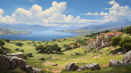 watercolor painting of a lively coastal landscape, inspired by biblical grandeur and the mycenaean art style. rendered in unreal engine, this artwork captures the essence of adventure pulp with influences from renowned artists john sloane and akihiko yoshida. the vibrant colors and intricate details bring this captivating landscape to life. ai generatedの素材
