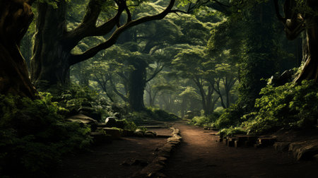a walking path winds through a lush and green forest, reminiscent of epic fantasy scenes. this japanese photography-inspired image by mike campau showcases a high-quality photo with 8k resolution. the layered and atmospheric landscapes create a gothic, dark, and ornate ambiance. ai generatedの素材