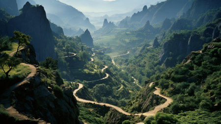the zhongshan mountains in china showcase a breathtaking scenery of majestic mountains. this photo, captured in the style of erik johansson, features the stunning landscape with the sony fe 12-24mm f/2.8 gm lens. inspired by vincent callebaut's orientalist imagery, the composition combines elements of kintsugi, light green, and black hues, creating a fantastical street scene. ai generatedの素材