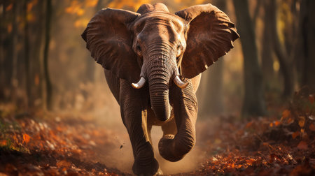 a large elephant charges through a leaf-filled forest, showcasing warm tones and an epic portraiture style. with a singular focus, this photo captures the explosive wildlife in motion, employing photo-realistic techniques. this contest-winning image perfectly encapsulates the speed and power of this majestic creature. ai generatedの素材