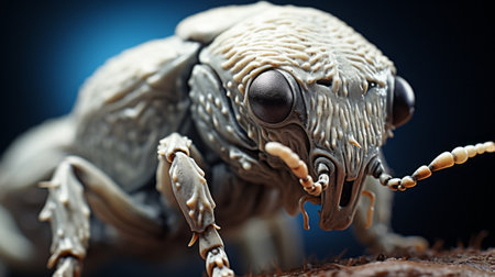 a hyperrealistic close-up shot of a new bug, xl in size, showcasing its intricate details and numerous legs. this neo-plasticist style artwork was created using zbrush, with a focus on precisionist art techniques. shot on 70mm, the image captures the greeble-like textures and mesmerizing complexity of this bug. ai generatedの素材