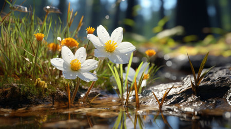 spring flowers and trees in the forest captured in a photorealistic representation using vray tracing. the image showcases the vibrant colors of the blooming flowers and lush greenery. water drops add a touch of freshness, while reflections enhance the natural beauty. evgeni gordiets skillfully creates a nature-inspired imagery with a mix of white and amber tones. ai generatedの素材