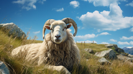 an old sheep stands alone in an open field, surrounded by lush green grass and rocky hills. the hyper-realistic style of this photograph captures every intricate detail of the sheep's weathered features. with mythological references and chilling creatures in mind, this close-up shot showcases the sheep's ivory-colored wool against the backdrop of a breathtaking terragen landscape. a truly captivating national geographic photo. ai generatedの素材