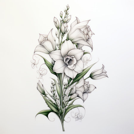 a white and black drawing featuring realistic flowers on a white background. the drawing showcases a graceful balance of dark white and light emerald colors, with heavy shading and hyper-realistic details. the artist's skillful use of light and color creates a stunning visual effect, while sharp linework adds to the overall realistic detail of the artwork. ai generatedの素材
