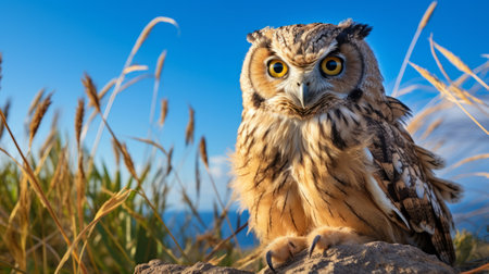a photo wallpaper featuring a captivating image of owls in the style of sony alpha a7 iii, captured with a fish-eye lens. the strong facial expressions of the owls, reminiscent of frederick lord leighton's art, are beautifully showcased in this uhd image taken with the rollei prego 90 by michael shainblum. ai generatedの素材