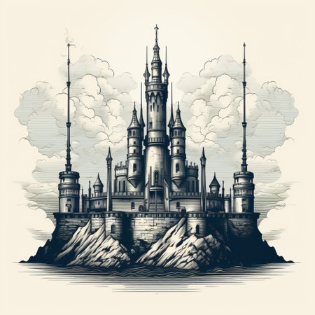 an ancient castle is depicted in this old hand-drawn design, combining elements of realism and surrealism. the artwork, created by john blanche, features a color palette of dark gray and beige, reminiscent of traditional oceanic art. the castle is intricately detailed, with heavy outlines, while the skies are beautifully rendered with intricate designs. ai generatedの素材