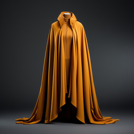 a yellow cloak in 3d stands out against a dark background, showcasing modern and contemporary fashion design. the terracotta-colored cloak exudes a pure and vibrant hue, while its feminine sensibility is enhanced by exaggerated proportions. this unique piece combines historical reproductions with a touch of rtx technology, creating a visually striking and fashion-forward statement. ai generatedの素材