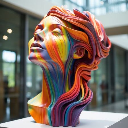 a woman's portrait captured in a photograph showcases a stunning handmade creation by oj. this artwork, crafted in the style of zbrush, features vibrant and layered forms that resemble a rainbow. the sculptural installation, with its shallow depth of field, exhibits fluid and flowing lines. the highly realistic portrayal of the subject makes it a captivating piece of public art. ai generatedの素材