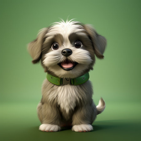 3d puppy illustration in the style of raphael lacoste, featuring a cute and playful little animal. the artwork showcases hyper-realistic portraiture with a color palette of dark silver and light green. inspired by the character designs of george lucas, the illustration exhibits bold chromaticity and is reminiscent of the artistic style of gianni strino. ai generatedの素材