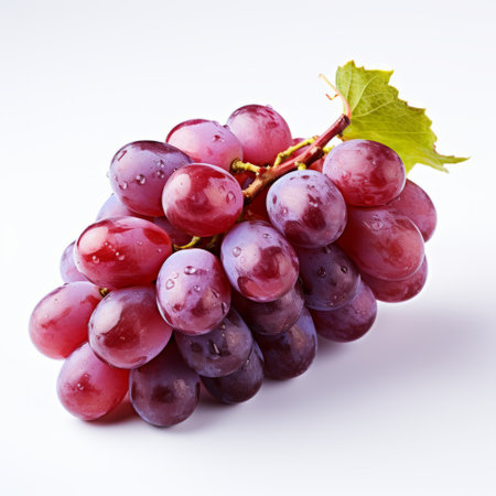 a bunch of grapes, featuring dark red and light purple hues, is captured in this photo on a clean white background. the image is shot using fujifilm provia film and cross processing technique, resulting in vibrant colors. with a resolution of 32k uhd, the photo showcases the grapes' realistic detailing, achieved through wet-on-wet blending. this composition pays homage to the artistic style of charles willsonの素材