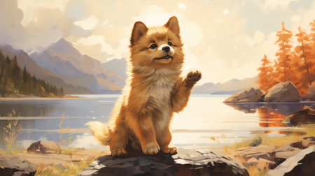 a small brown dog is depicted in a painting on rocks near a lake. the artwork showcases a playful character design with soft gradients and bold gestures. the fictional landscape, reminiscent of whistlerian style, is bathed in warm sunrays, casting an amber glow. ai generatedの素材