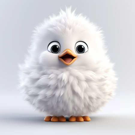 a white puffy fluffy small chick, rendered in cinema4d, showcases lively facial expressions and detailed character design. with a crisp and clean look, this adorable chick captures attention with its attention to fur and feathers texture. the algeapunk aesthetic adds a unique touch to this charming creation. ai generatedの素材
