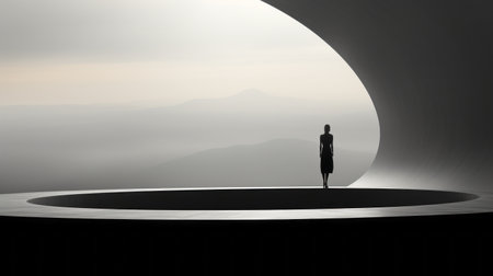 a parent standing on a slender platform, suspended high above the ground, surrounded by a surreal, minimalist environment devoid of any other elements. utilizing a minimal color palette, featuring shades of gray and a single striking accent color, emphasizing the stark contrast between the figure and the surrounding space. the image evokes isolation, contemplation, and the exploration of existence within a vast and empty universe.の素材