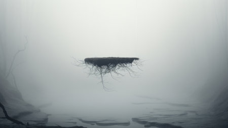 a girl standing on a slender platform, suspended high above the ground, in a surreal, minimalist environment. the image features a minimal color palette, with shades of gray and a single striking accent color, emphasizing the contrast between the figure and the surrounding space. the photo evokes isolation, contemplation, and the exploration of existence in a vast, empty universe. ai generatedの素材
