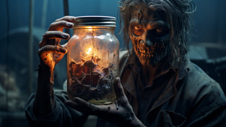 zombies from "the walking dead" trailer are captured in a surreal still life composition, showcasing a realistic depiction of light. this captivating photo, taken with a nikon d750, embodies the essence of halloween. the eerie combination of tanbi kei, dark aquamarine, and amber hues adds an enchanting touch to these magical creatures. ai generatedの素材