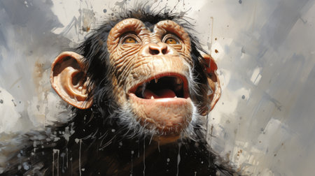 cartoon chimp displaying mannerism, gazing upwards, with pulled, scraped, and scratched style. the chimp strikes unconventional, meditative poses amidst spiky mounds, reminiscent of twisted characters from the 1970s. the overall image exudes a soggy, yet intriguing vibe. ai generatedの素材