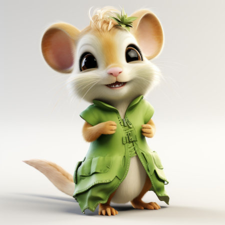 a fluffy kangaroo rat, resembling a 10-year-old girl, is depicted in this adorable illustration for a children's book. with brilliant green eyes and a cute face, she wears a vibrant green dress and shoes from the 1920s. laughing joyfully, she waves her arms in delight. the illustration, done in a pixar style, features a white background and a cinematic feel, with no outlines. this high-qualityの素材