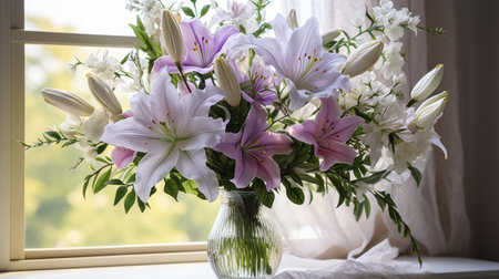 lavender arrangement with blooming lilies exuding purity and serenity. fragrant and elegant, this arrangement adds simplicity and beauty to any living space. ai generatedの素材
