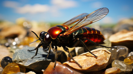 an impressive close-up photo of a brittle insect showcasing its godly realism. the vibrant contrast between the colourful rocks and the dry, elegant creature creates a rich and vivid composition. shot with a 100mm lens at f/2.0, the image captures the intricate details with crisp precision. the natural lighting adds depth of field, while the black tones enhance the realism. this 8k uhd photo isの素材