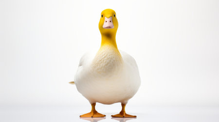 a 3d illustration of a goose in a white background, resembling the style of the tokina at-x 11-16mm f2.8 pro dx ii lens. the goose is yellow and white, with a symmetrical balance and a bulbous appearance. the illustration has a comical choreography, capturing the essence of the goose's movements. shot in fujifilm acros, this large-scale artwork is visually captivating. ai generatedの素材