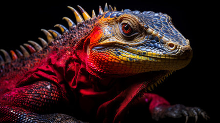 red and green iguana photographed in a dark background, showcasing its vibrant yellow face and black body. the photo is captured in a mesmerizing style, with light crimson and indigo hues, using photo-realistic techniques. this close-up shot, reminiscent of national geographic's stunning imagery, features post-processing effects and is part of the rtx collection. ai generatedの素材