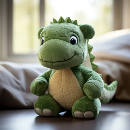 stuffed lilo, the dinosaur, sits in front of a window, creating a dream-like quality with its soft, crosshatched shading. the dark green and light gray colors add depth to the image, while the use of depth of field enhances the focus on lilo. this smilecore photo, taken with a tokina at-x 11-16mm f/2.8 pro dx ii lens, exudes a roguecore aesthetic. ai generatedの素材